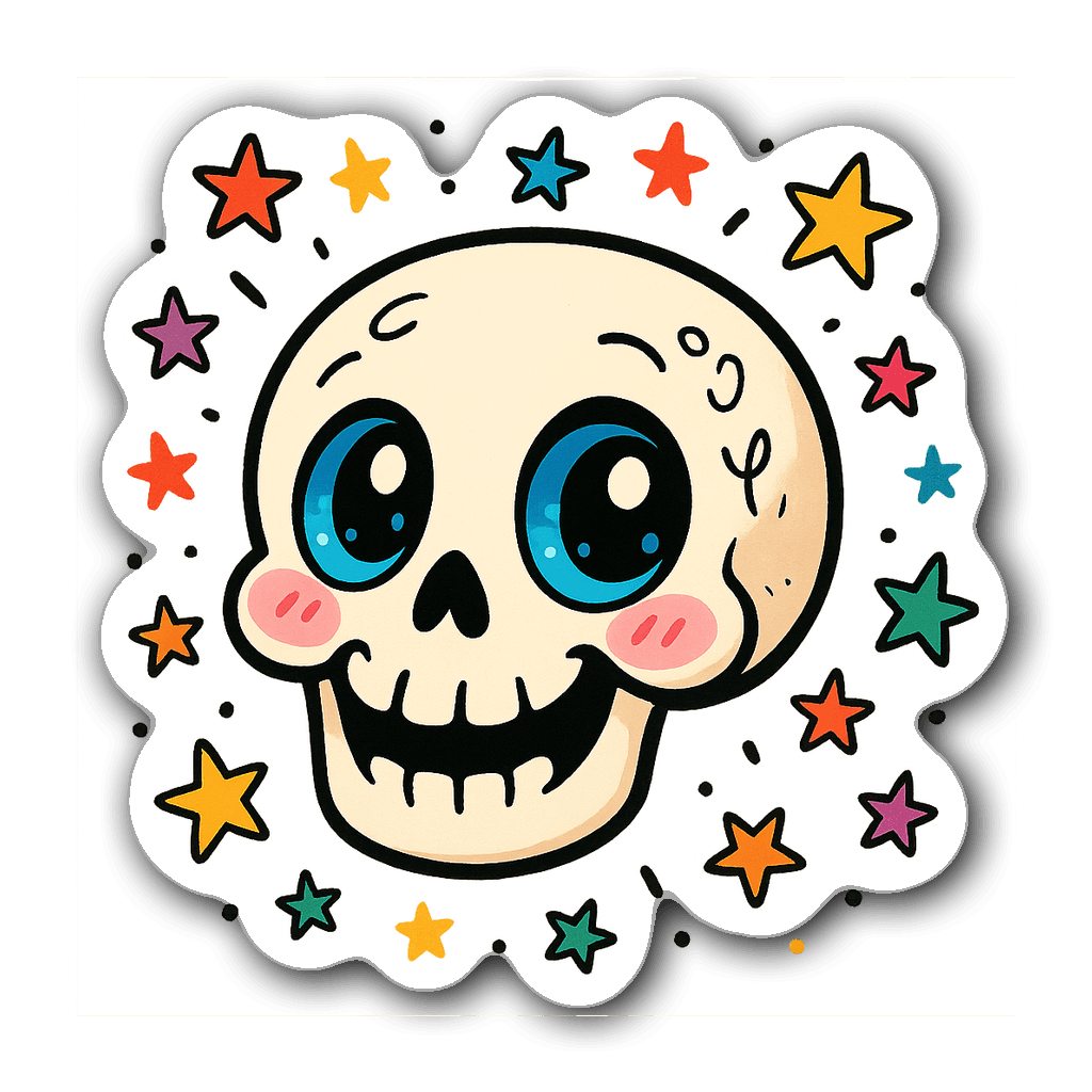 Cartoon-style skull with blue eyes and confetti stars