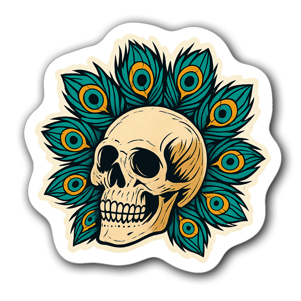 Elegant skull wrapped in peacock feathers in vibrant colors