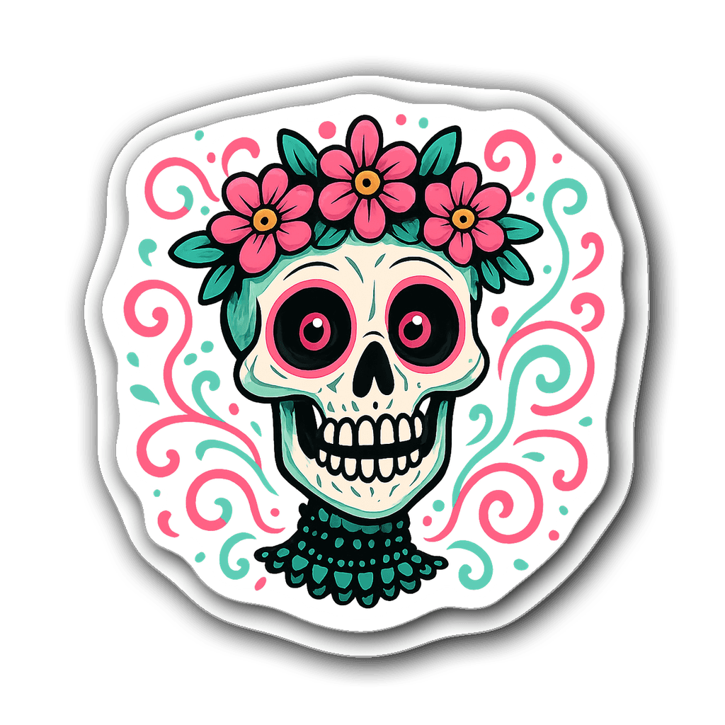 Cartoonish skull with a lace choker and floral crown design