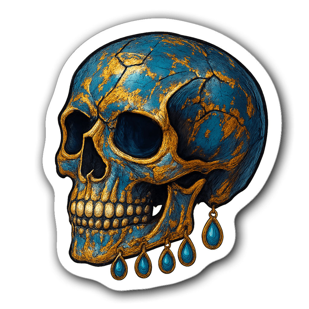 Elegant skull sticker with deep blue and gold colors adorned with gems