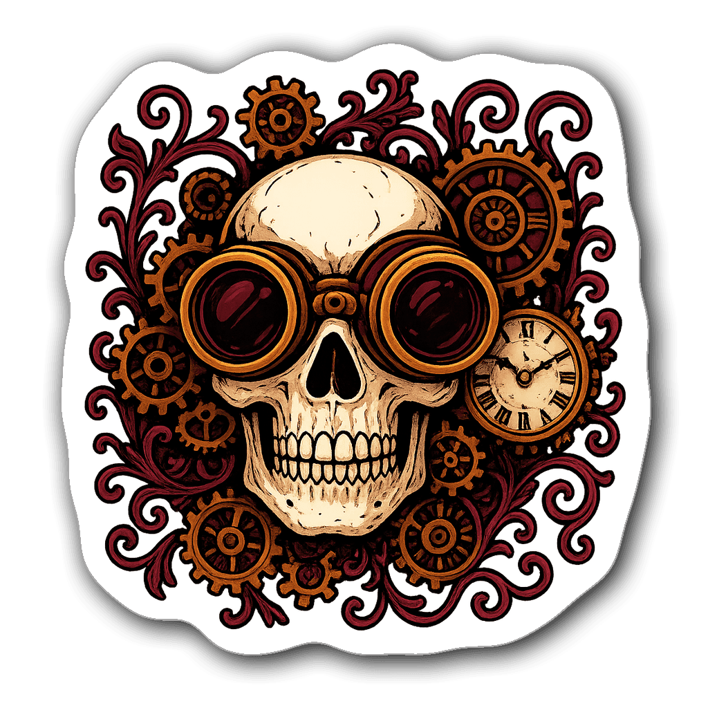 Gothic skull with steampunk goggles and clock gears design