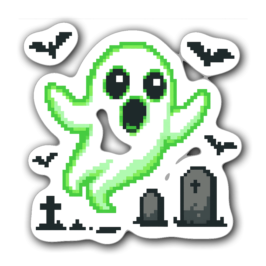 Pixel art ghost sticker with tombstones and bats, Halloween design