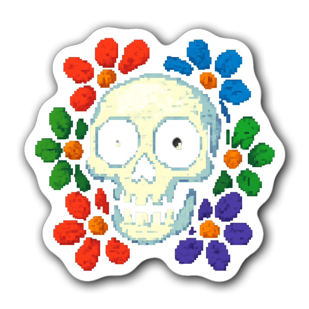 Pixel art skull with oversized eyes and colorful flowers
