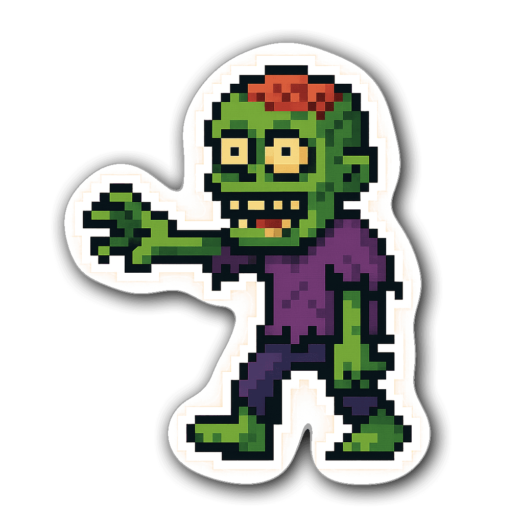 Pixelated zombie with a goofy grin, Halloween sticker