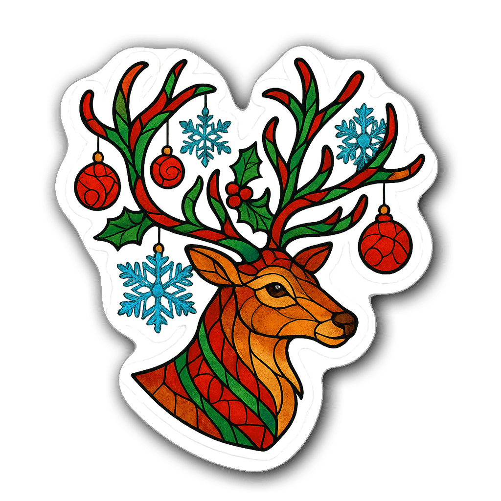 Vibrant stained glass reindeer sticker with red and green details.
