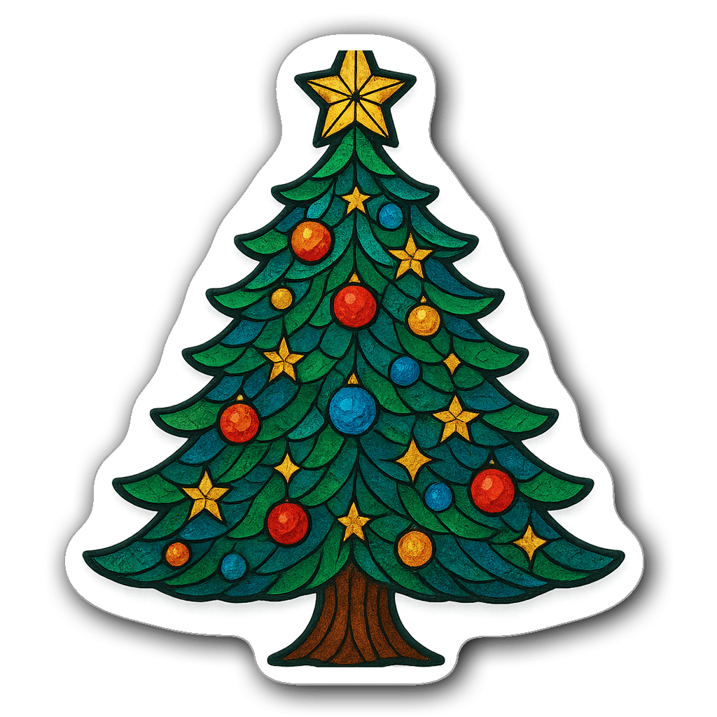 Stained glass Christmas tree sticker with vibrant colors and ornaments