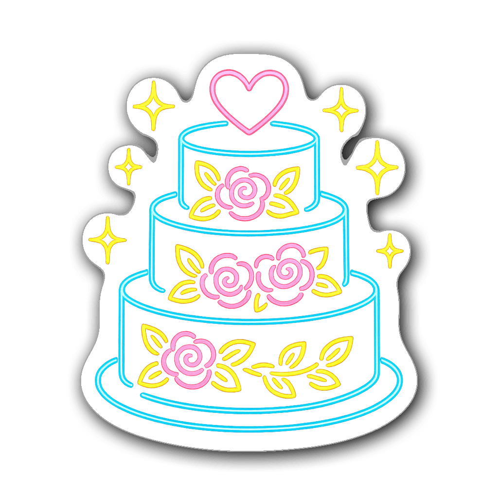 Neon outline of a wedding cake with colorful floral decorations