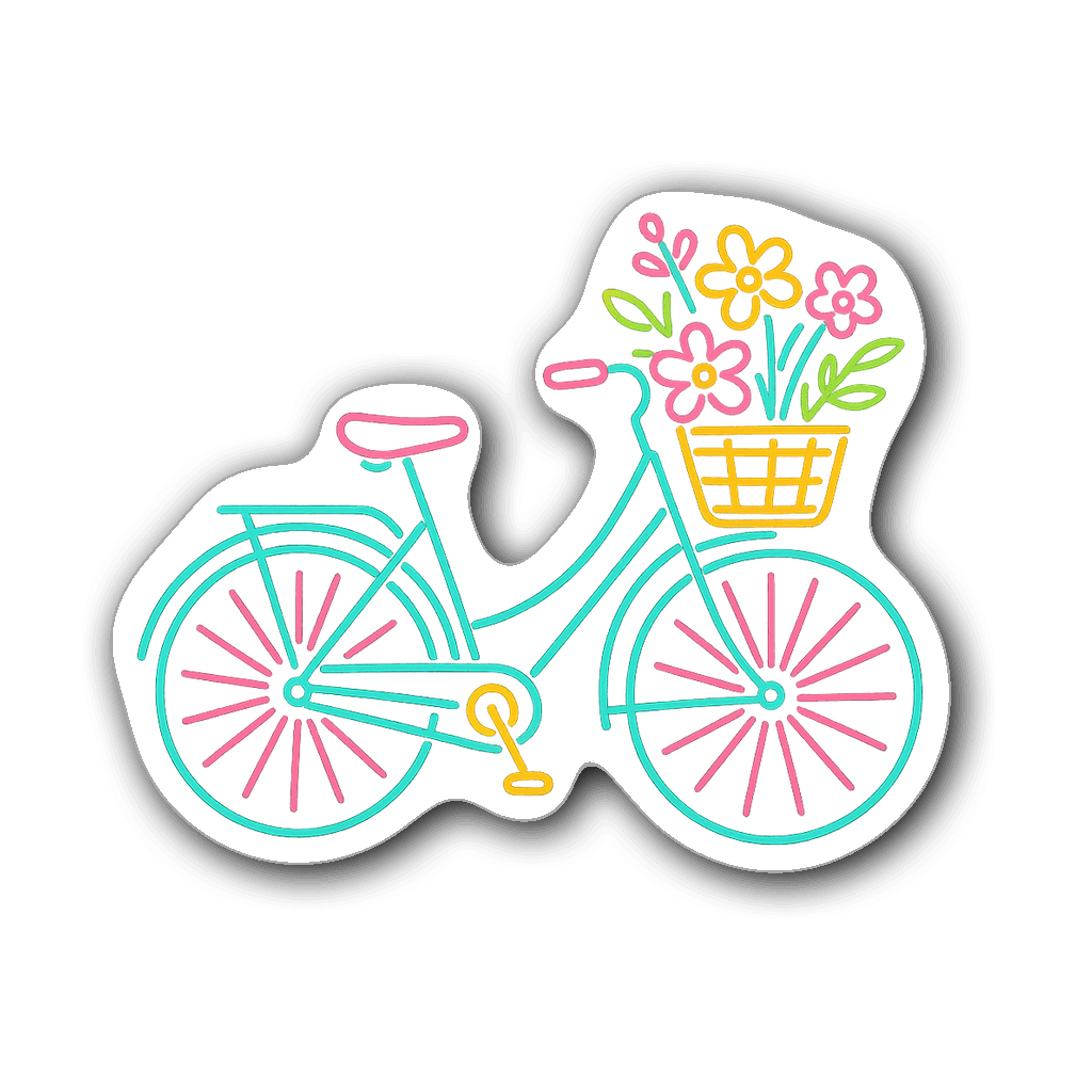 Colorful neon outline of a vintage bicycle with flowers