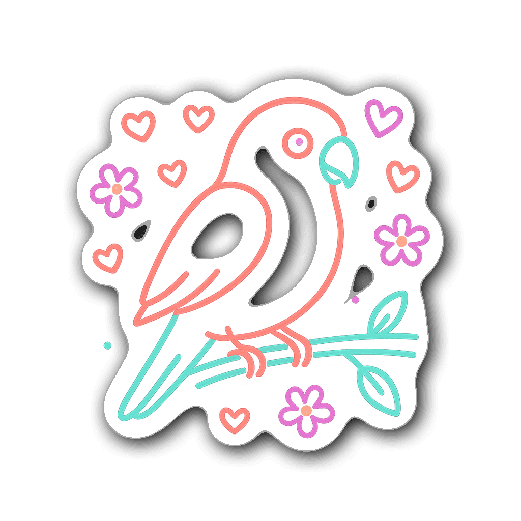 Whimsical neon outline lovebird wedding favor sticker