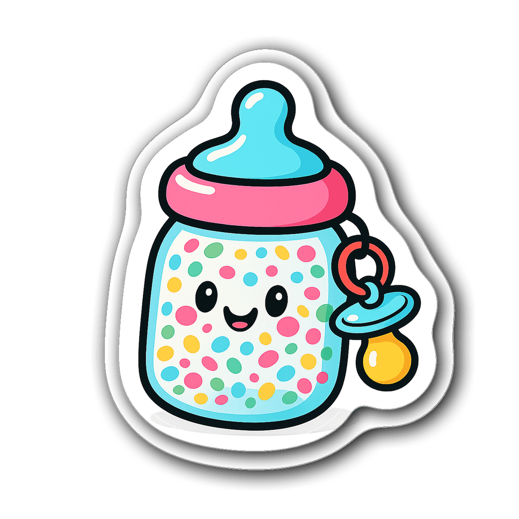 Cheerful baby bottle filled with colorful confetti and pacifier