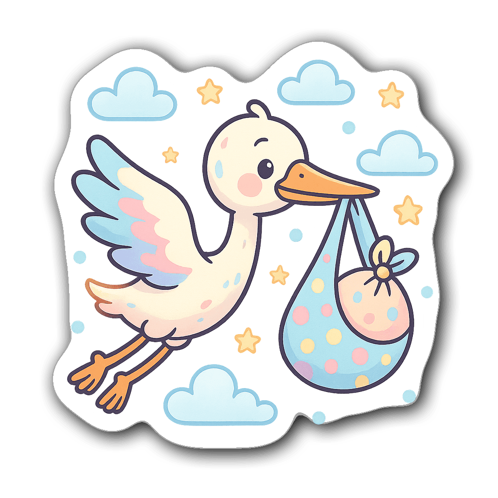 Cartoon stork carrying a baby bundle in pastel colors