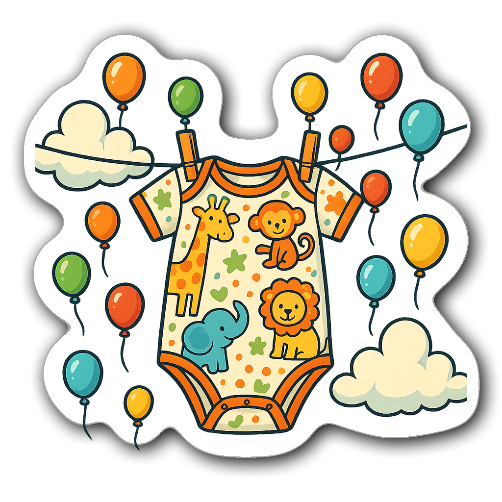 Comic book style baby onesie sticker with clouds and balloons