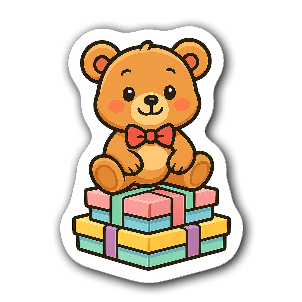 Cute teddy bear sticker on pastel gift boxes in comic art style