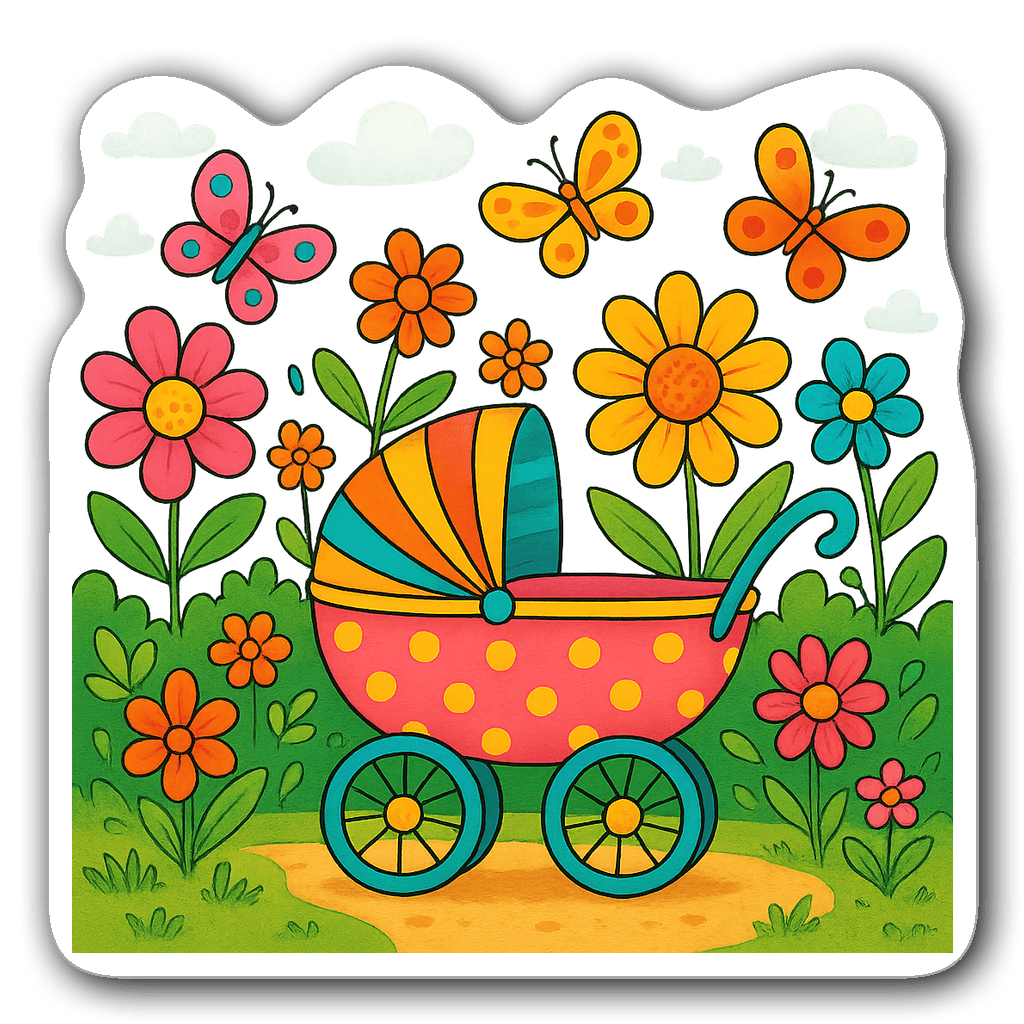 Whimsical baby carriage in a colorful garden for baby shower