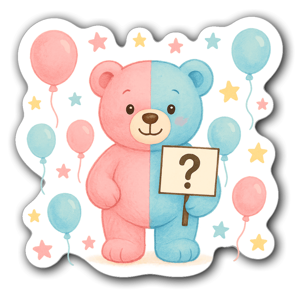 Cheerful teddy bear painted half pink and half blue with balloons