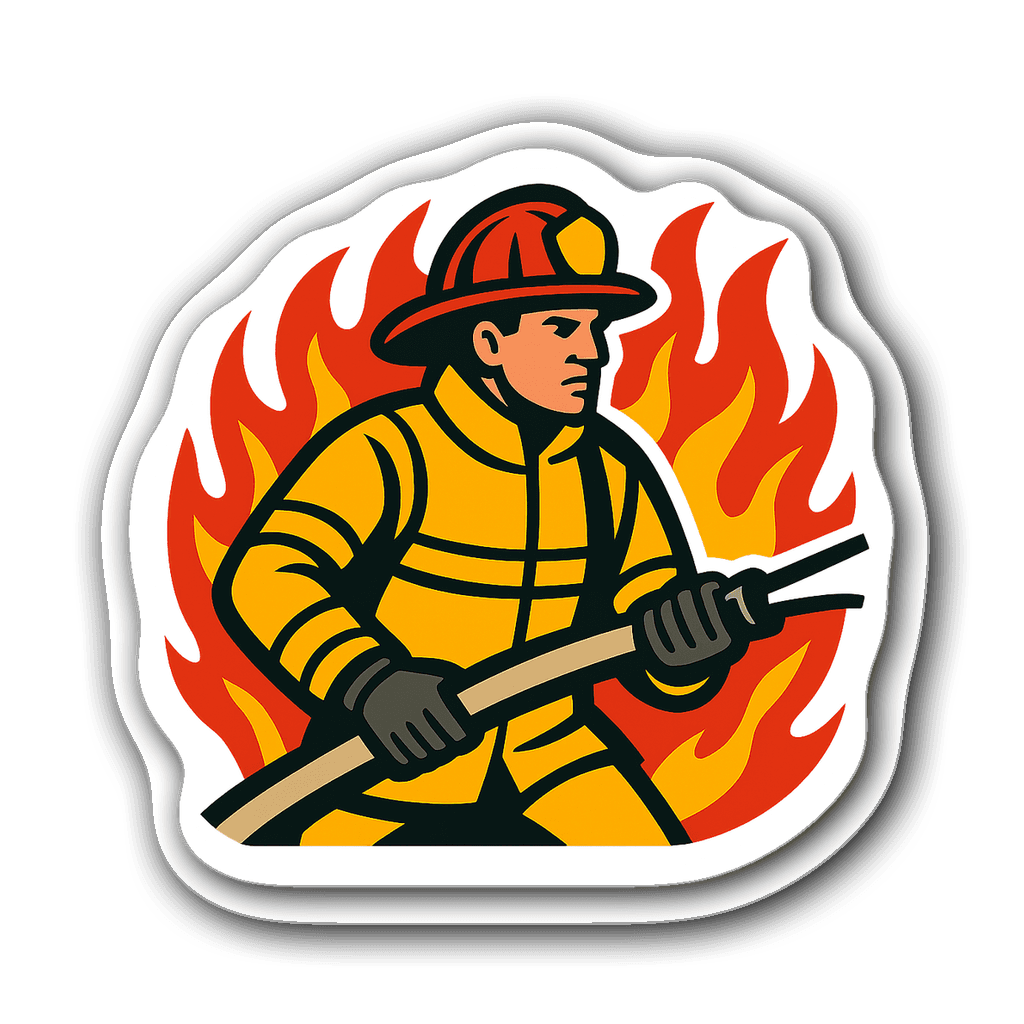 Firefighter in gear holding a hose with flames in background.