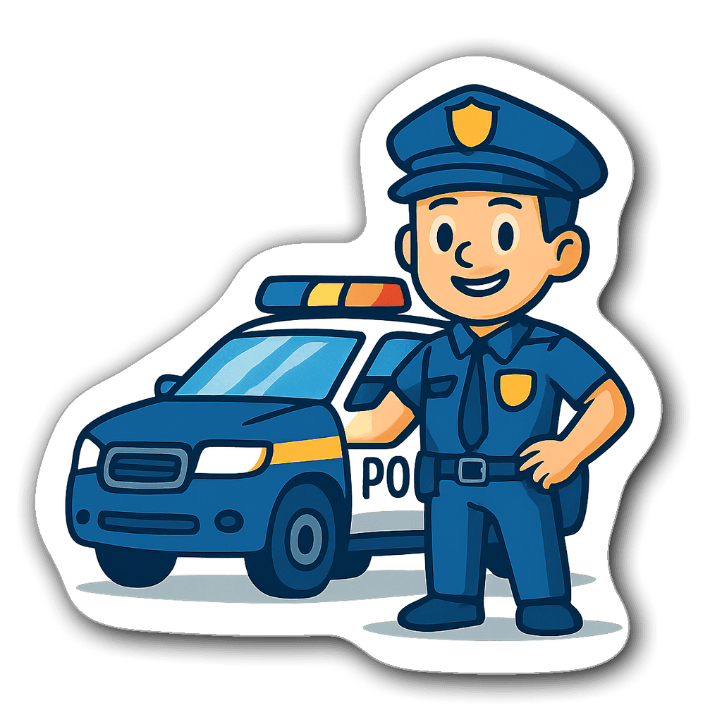 Police officer standing next to a friendly police car sticker