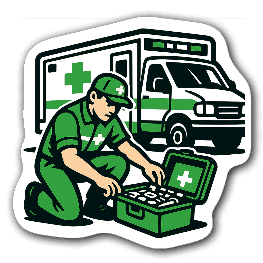 Paramedic kneeling beside an ambulance sticker design