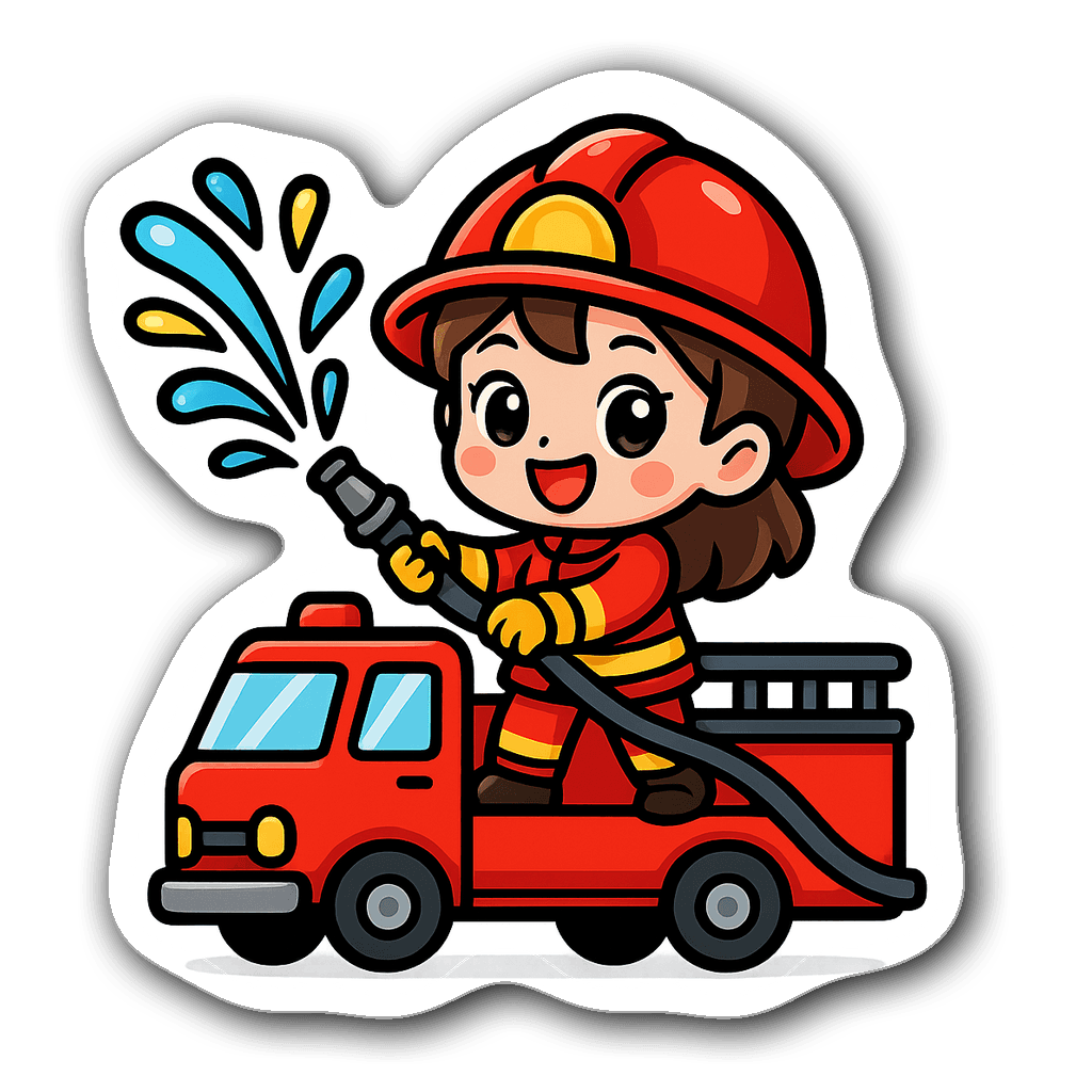 Kawaii chibi firefighter with oversized helmet and fire hose