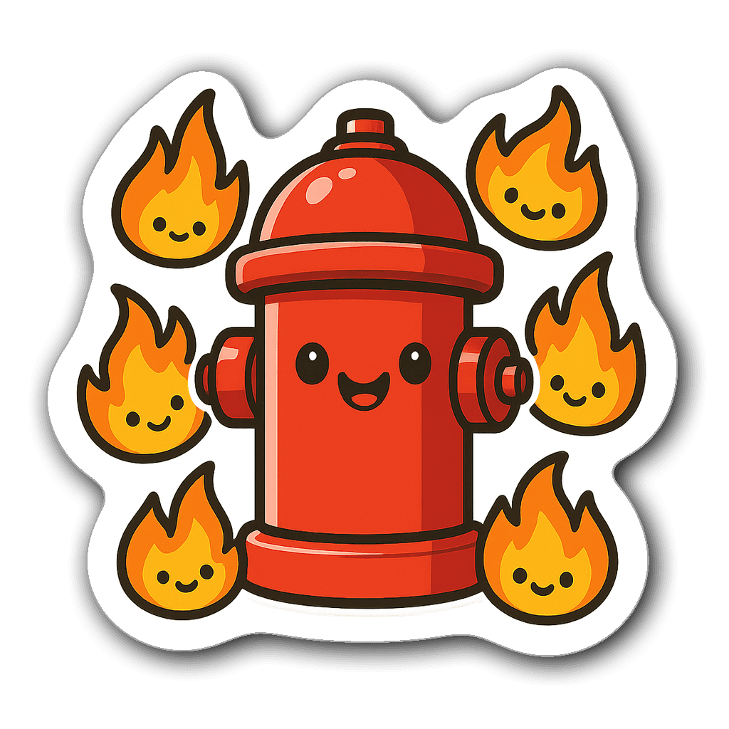 Chibi firefighter sticker with a cheerful fire hydrant and playful flames
