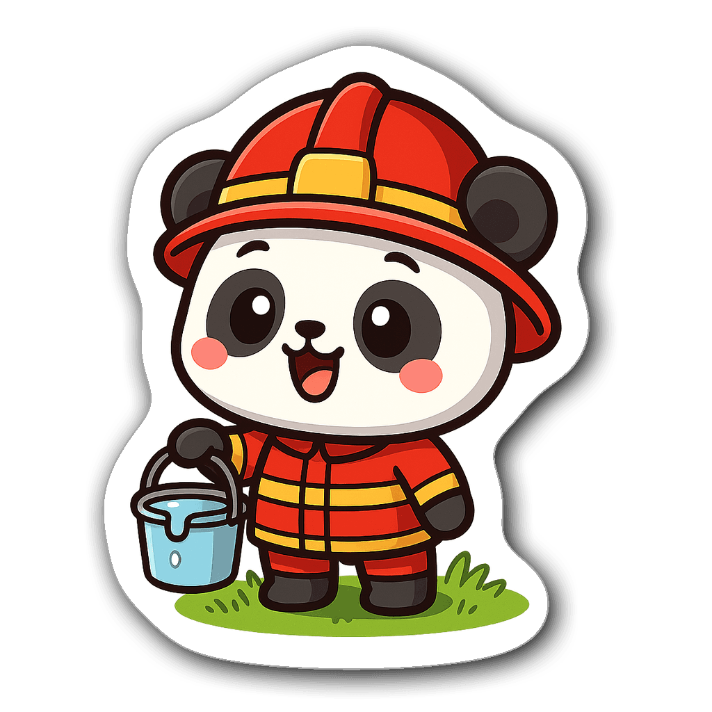 Chibi firefighter panda holding a bucket of water on grass
