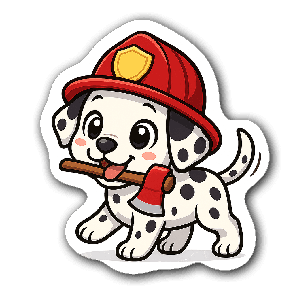 Kawaii chibi Dalmatian puppy firefighter sticker with fire axe