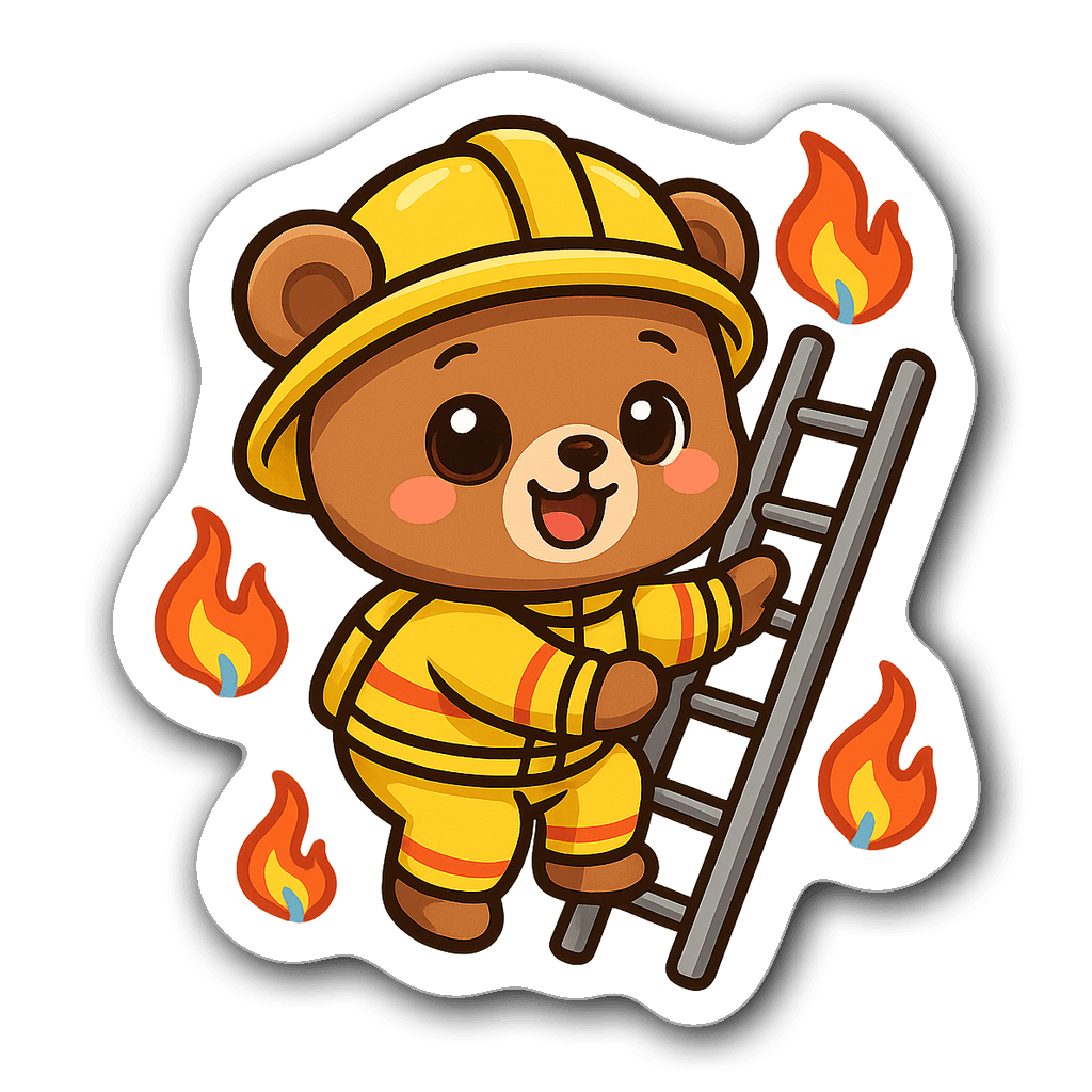 Kawaii chibi firefighter bear climbing a ladder with flames