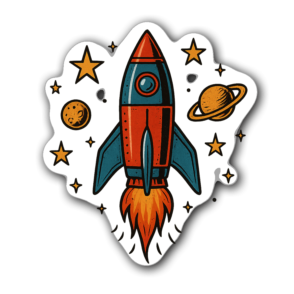 A vintage rocket ship blasting off surrounded by stars and planets