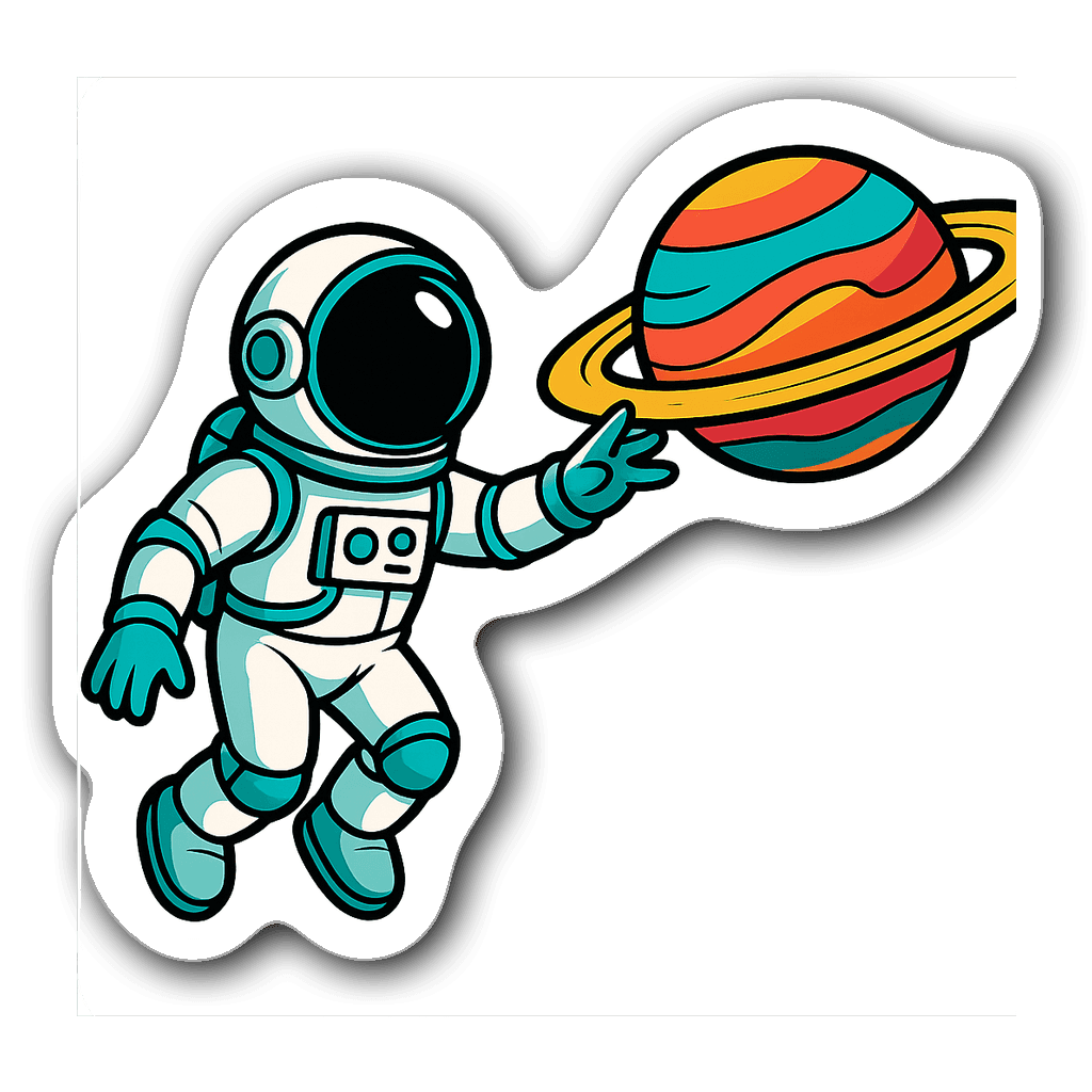 Retro astronaut sticker reaching for a colorful planet in space.