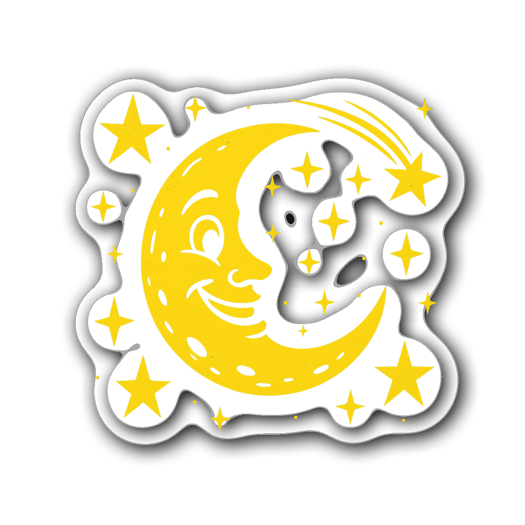 Retro vinyl sticker of a moon surrounded by stars