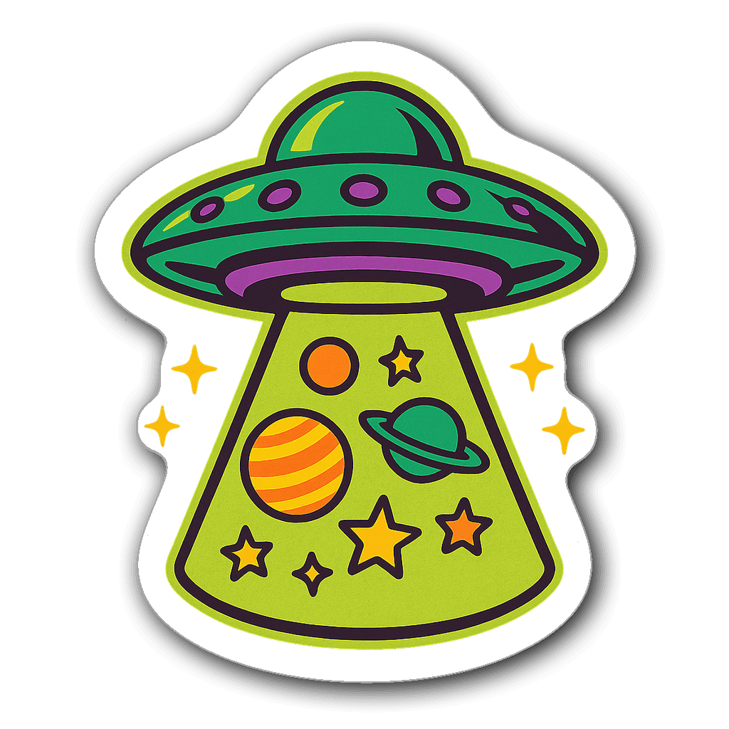Retro style UFO space sticker with colorful planets and stars