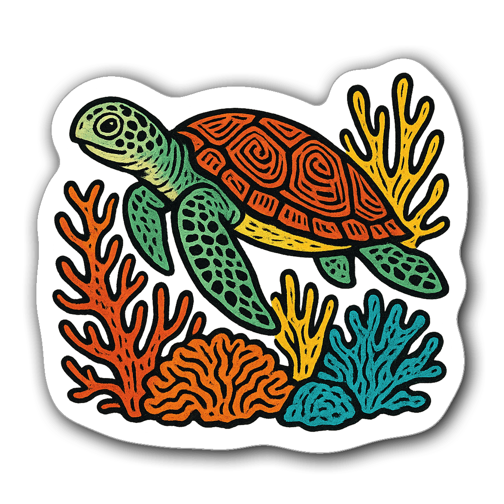 Vibrant sea turtle swimming among colorful coral