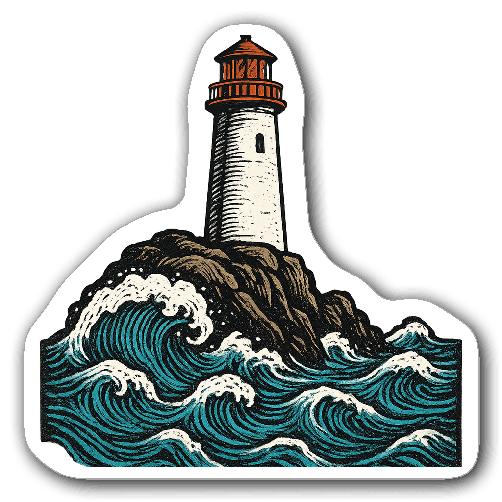 Lighthouse atop a rocky cliff with ocean waves in vibrant colors