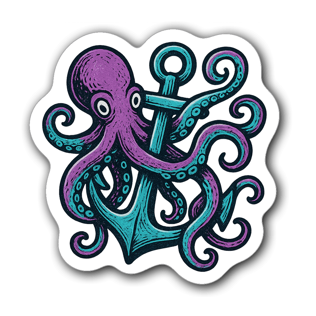 Whimsical octopus wrapping around a vintage ship's anchor