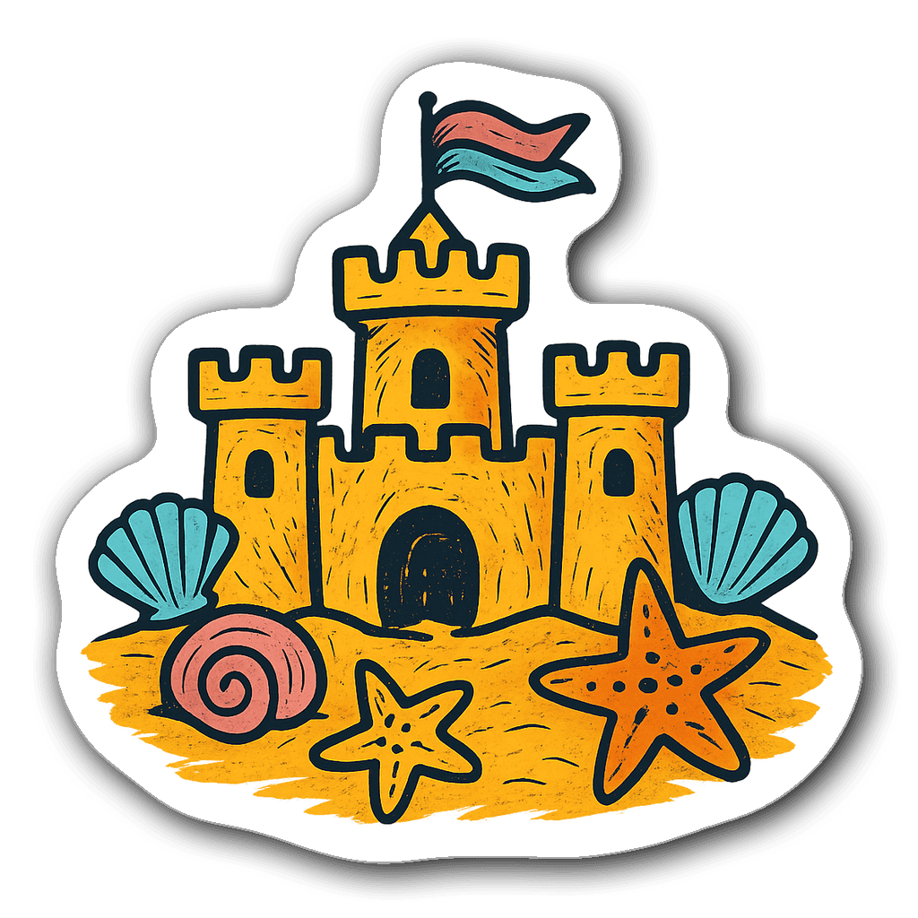 Bright sandcastle with flag and seashells in woodblock style