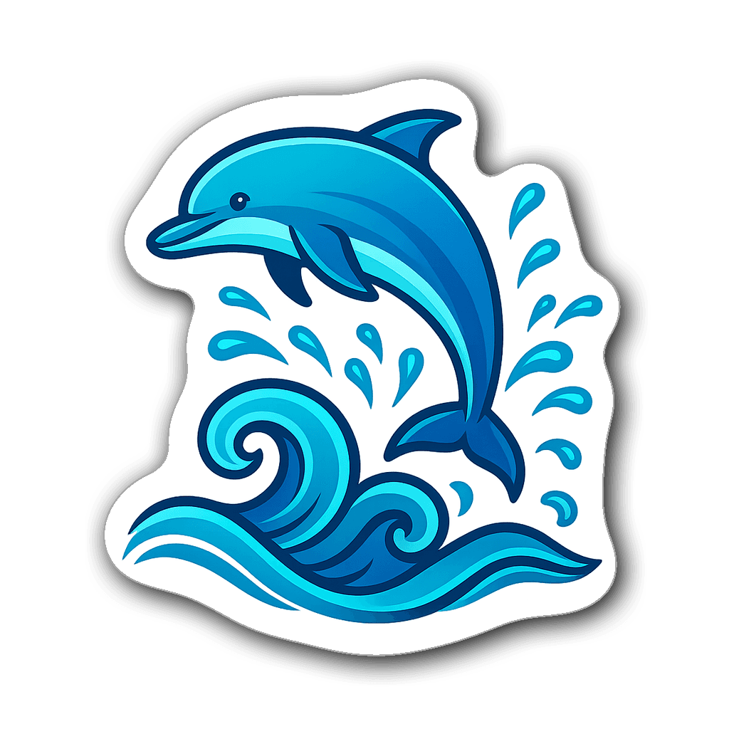 Dolphin leaping out of stylized ocean waves in vibrant colors
