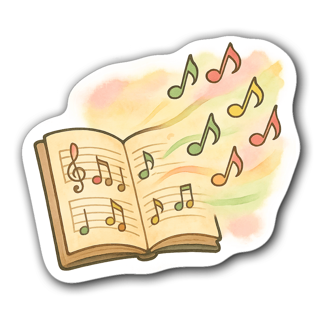 Soft watercolor illustration of piano music with colorful notes