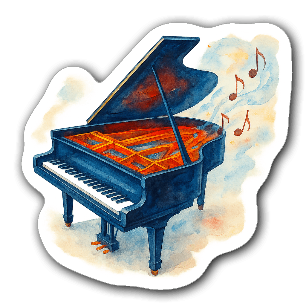 Watercolor illustration of a grand piano with musical notes