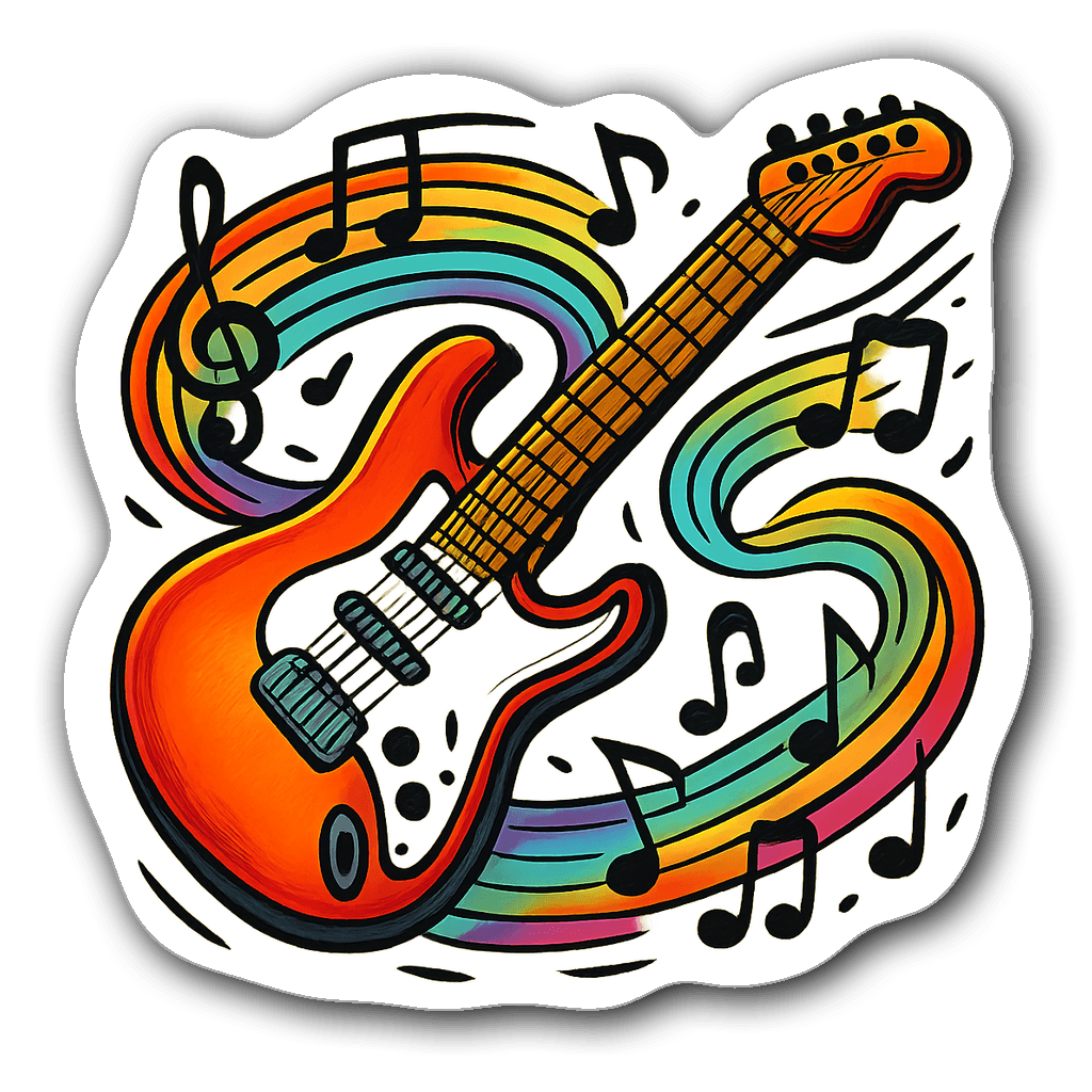 Vibrant electric guitar in motion with musical notes and colors