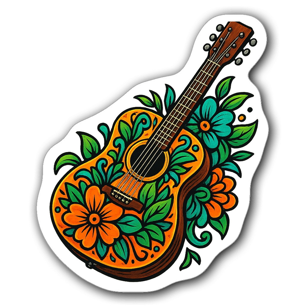 Graffiti-style acoustic guitar sticker with floral elements