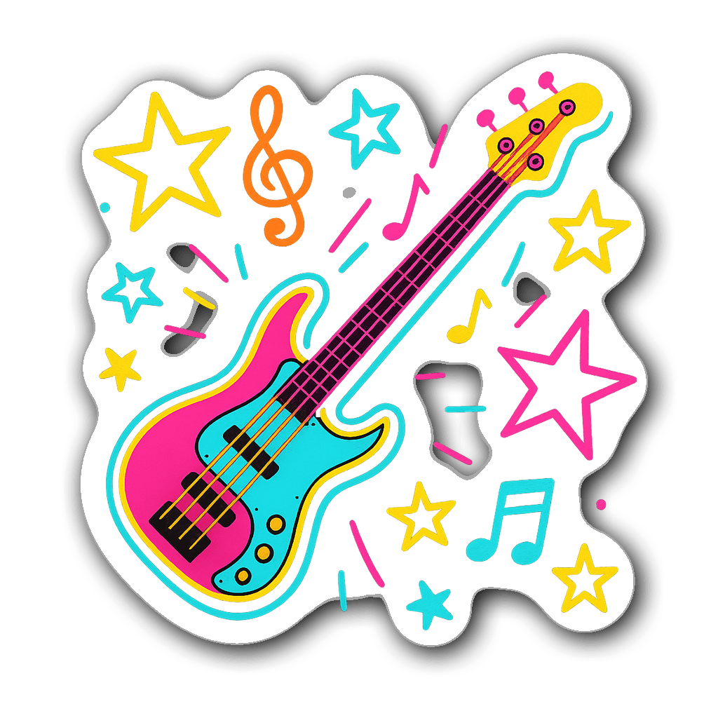Graffiti-style vinyl sticker of a bass guitar with stars