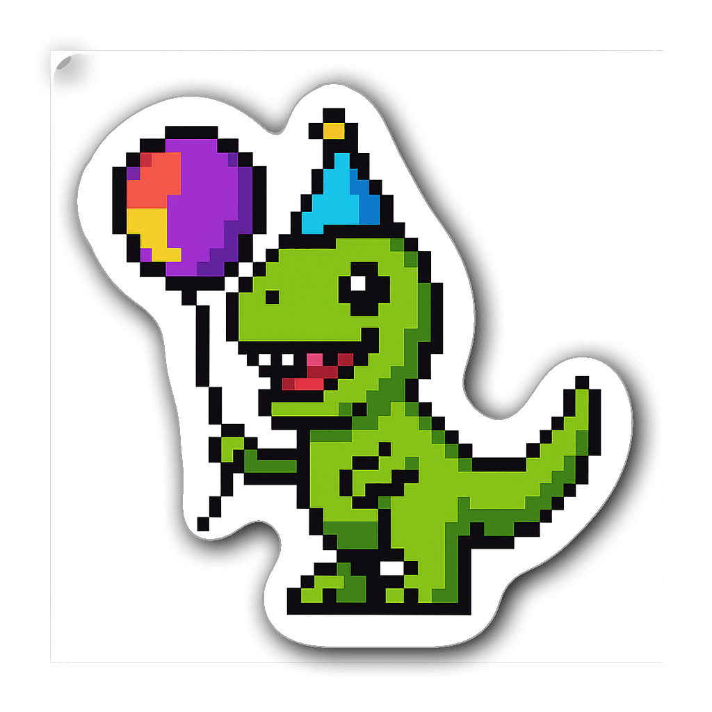 Cheerful green T-Rex sticker wearing a party hat and holding a balloon