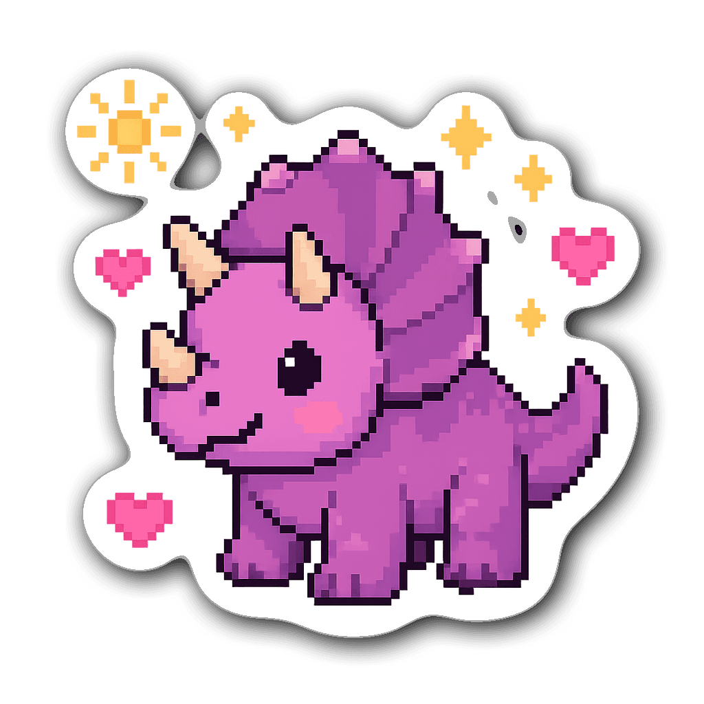 Pixel art Triceratops sticker with stars and hearts design.