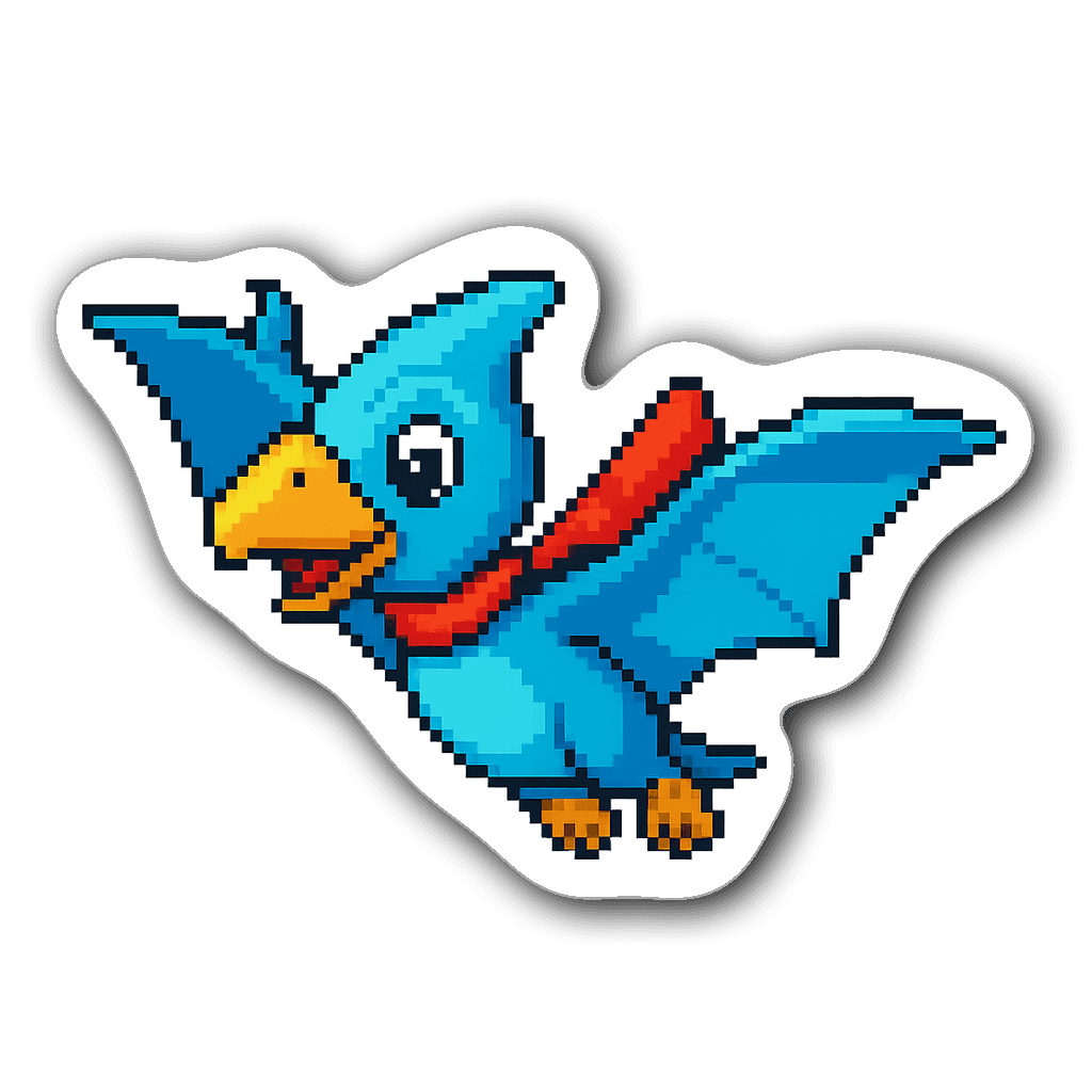 Baby Pterodactyl sticker in pixel art style with vibrant colors