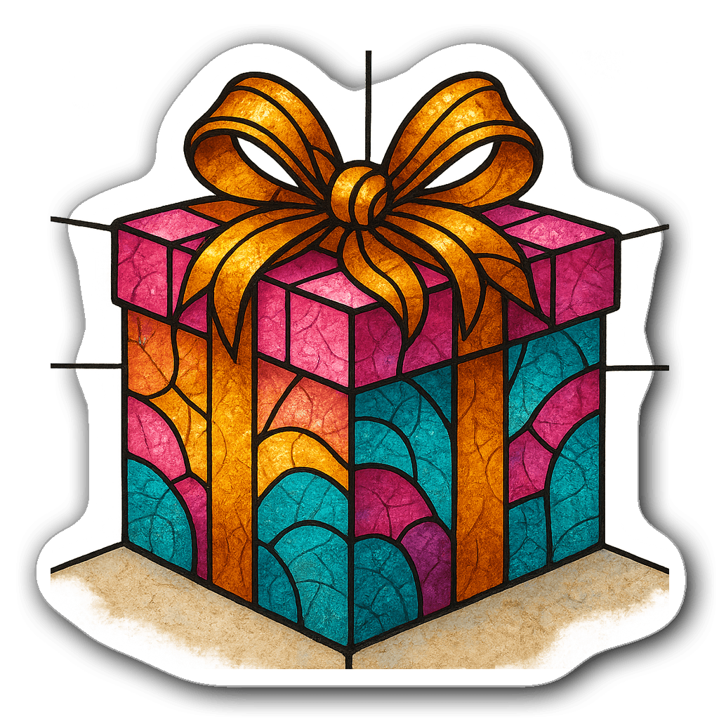 Stained glass birthday gift box sticker in vibrant colors
