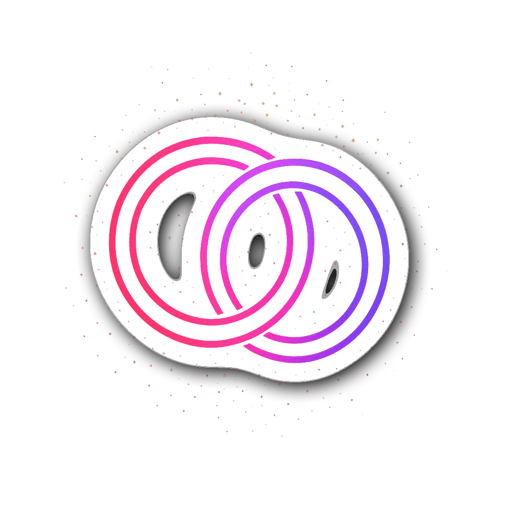 Neon gradient interlocking rings surrounded by sparkles