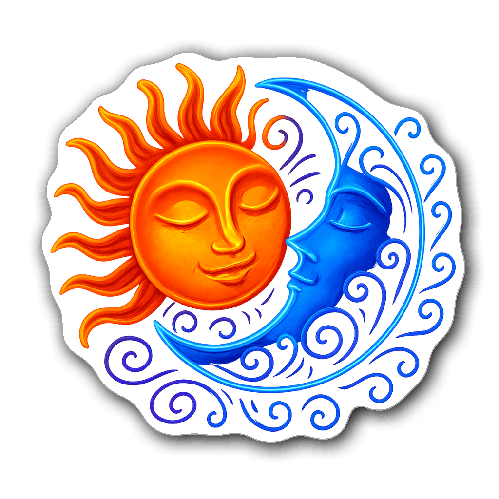 Neon colored sun and moon sticker symbolizing love