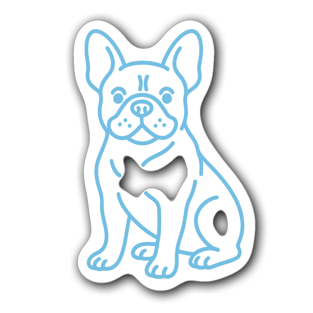 Minimalist line art sticker of a French bulldog in blue