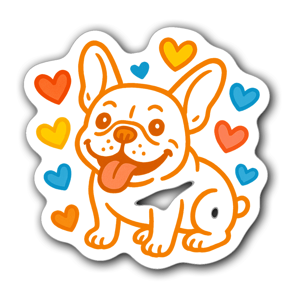 Playful French bulldog sticker with colorful heart accents.