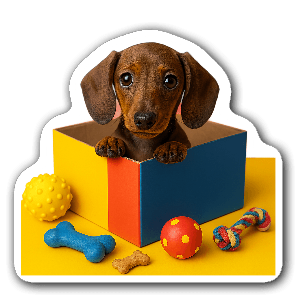 Curious dachshund peeking from a colorful cardboard box